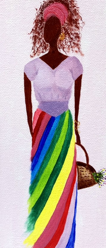 Gullah Basket oil painting of a Gullah woman in a colorful skirt by Lenore Kieseling