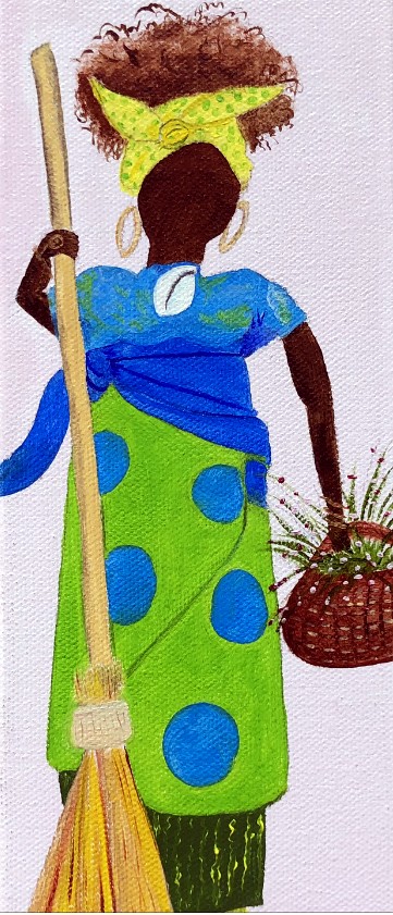 Gullah Broom oil painting of a Gullah woman carrying a broom and basket by Lenore Kieseling