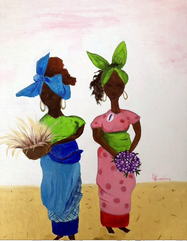 Gullah Ladies oil painting of two Gullah women in vibrant dresses by Lenore Kieseling