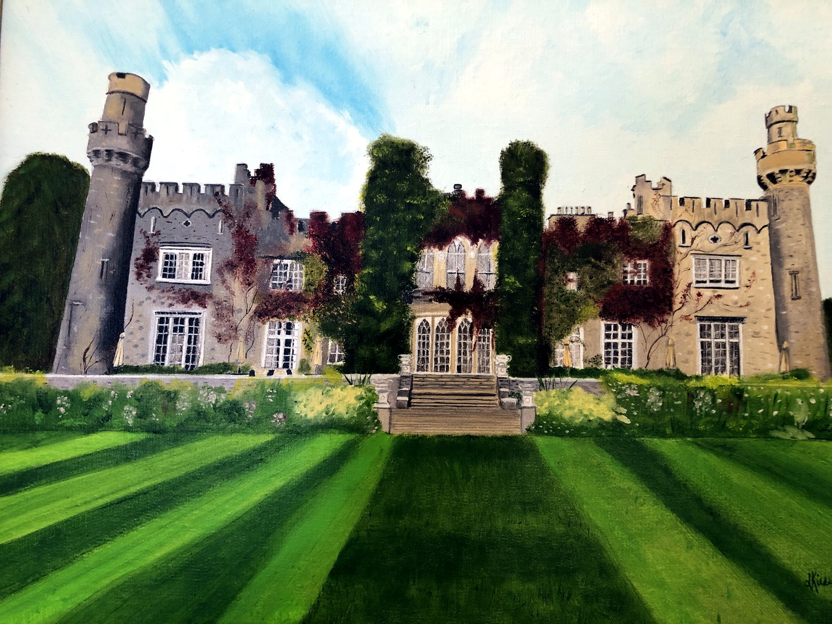 Luttrellstown Castle oil painting of historic stone architecture by Lenore Kieseling