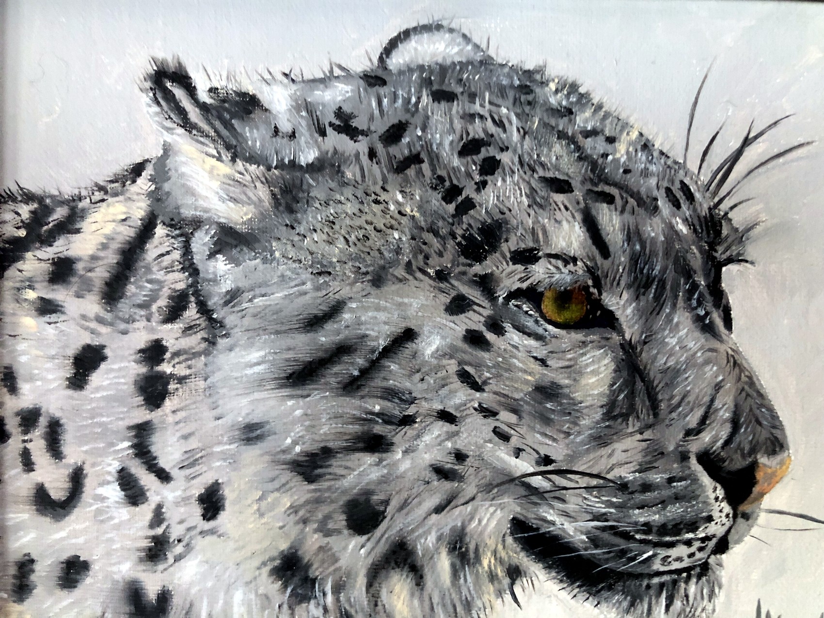 Snow Leopard oil painting with detailed eyes and spotted fur by Lenore Kieseling
